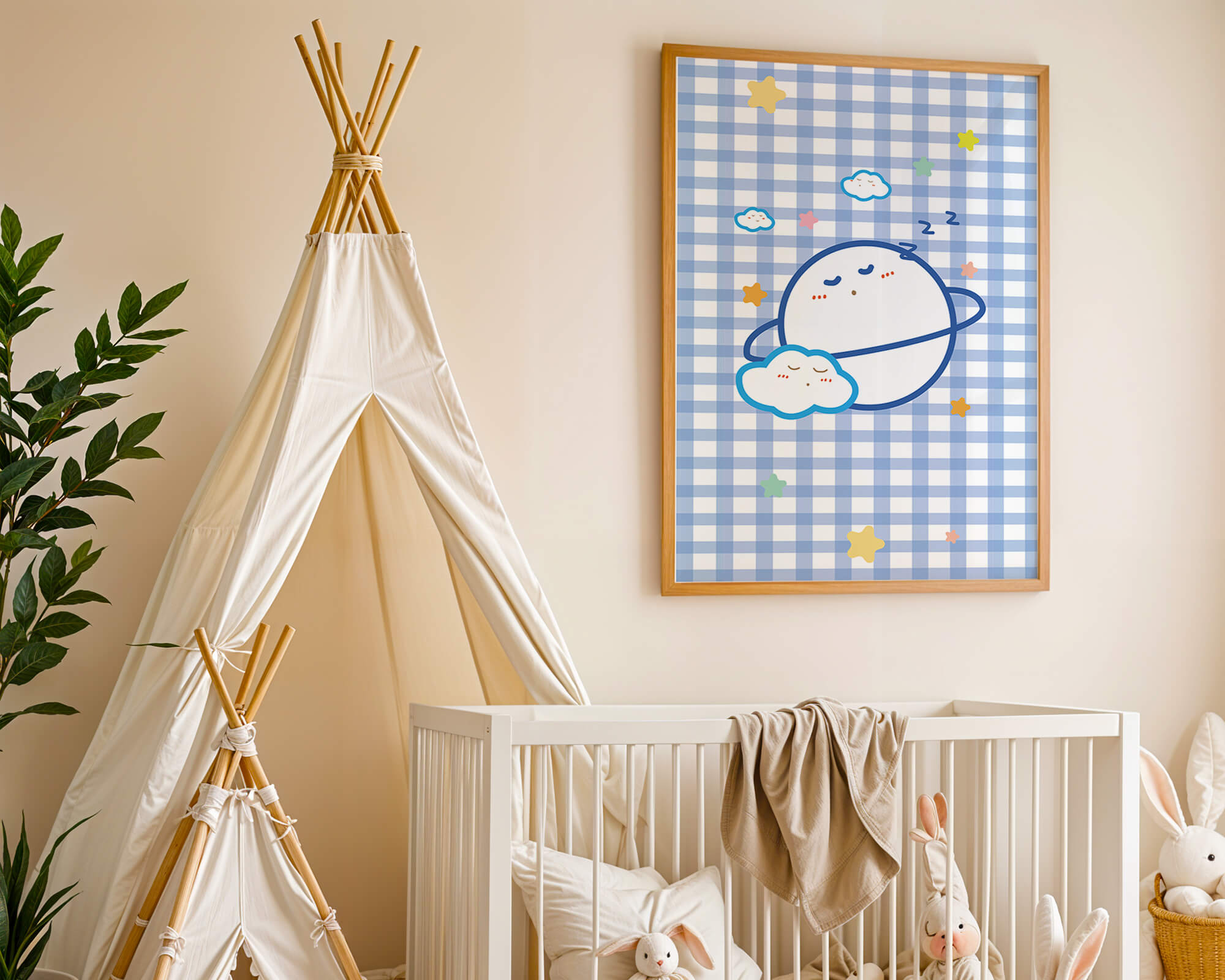 Whimsical sleep theme with planets and clouds on a checkered background