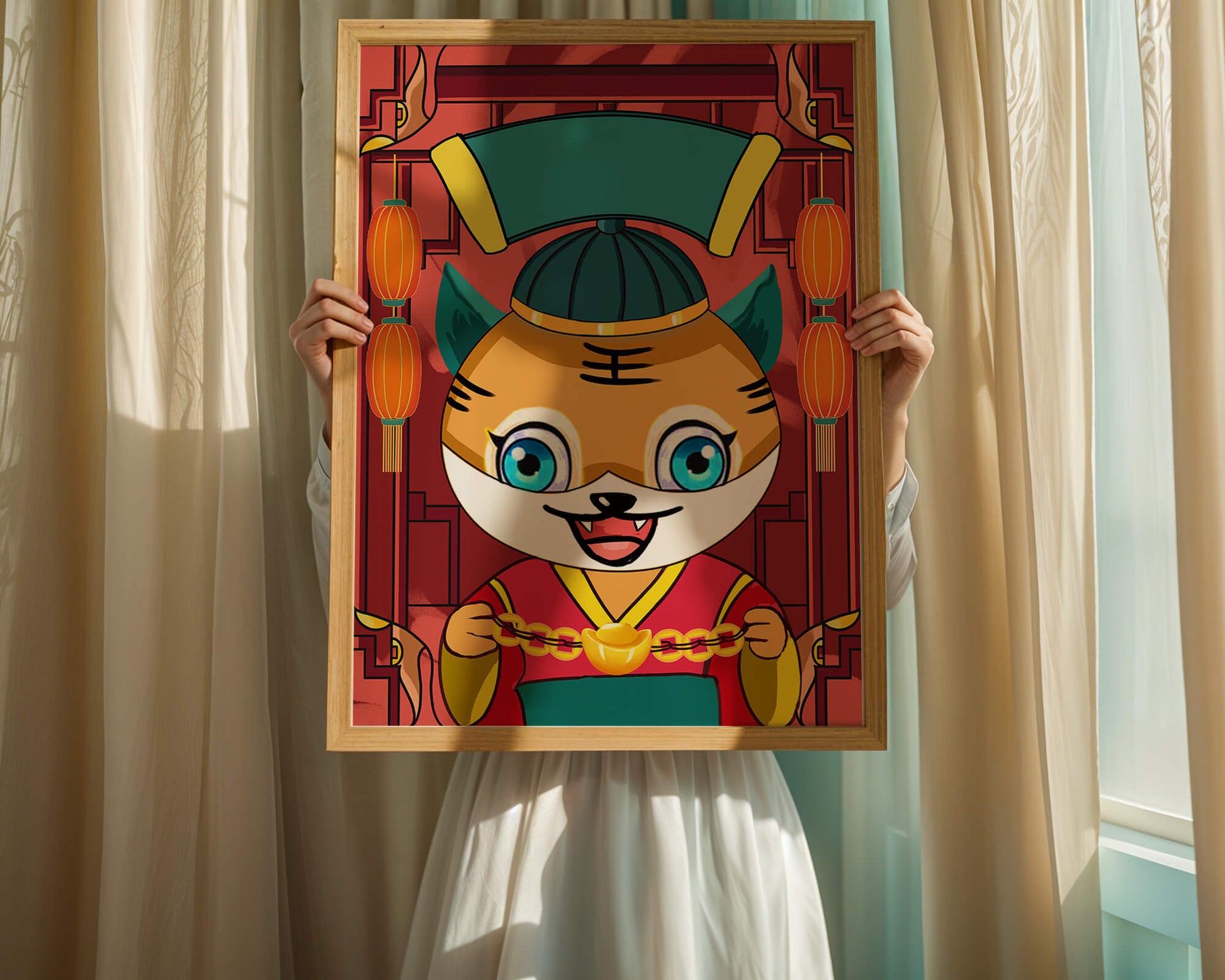 Colorful cartoon tiger with lanterns and traditional elements