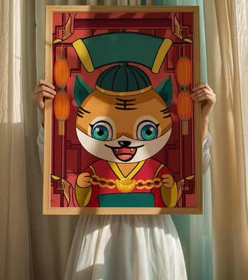 Colorful cartoon tiger with lanterns and traditional elements