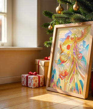 Colorful phoenix soaring in a dreamlike sky with vibrant flowers and mountains