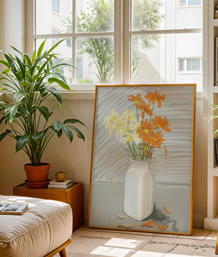 Vibrant daisies in a white vase illustration