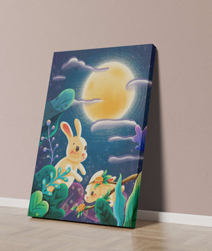 Charming illustration of rabbits under a full moon in a vibrant night garden