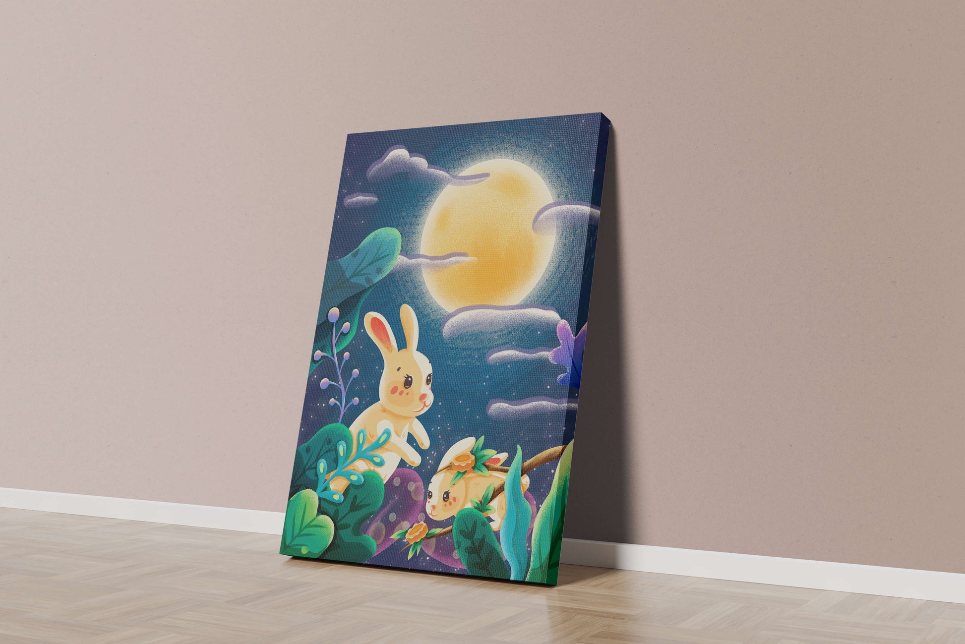 Charming illustration of rabbits under a full moon in a vibrant night garden
