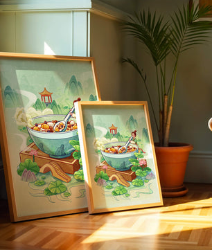 Illustration of a traditional Asian scene with large bowl and serene landscape