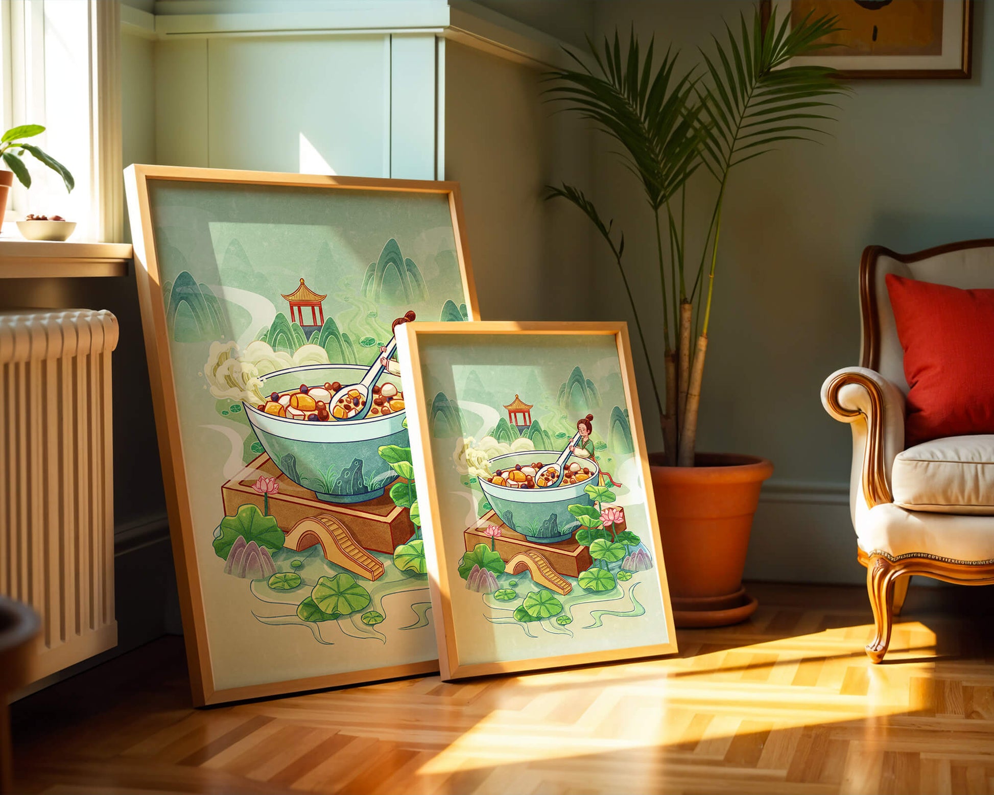 Illustration of a traditional Asian scene with large bowl and serene landscape