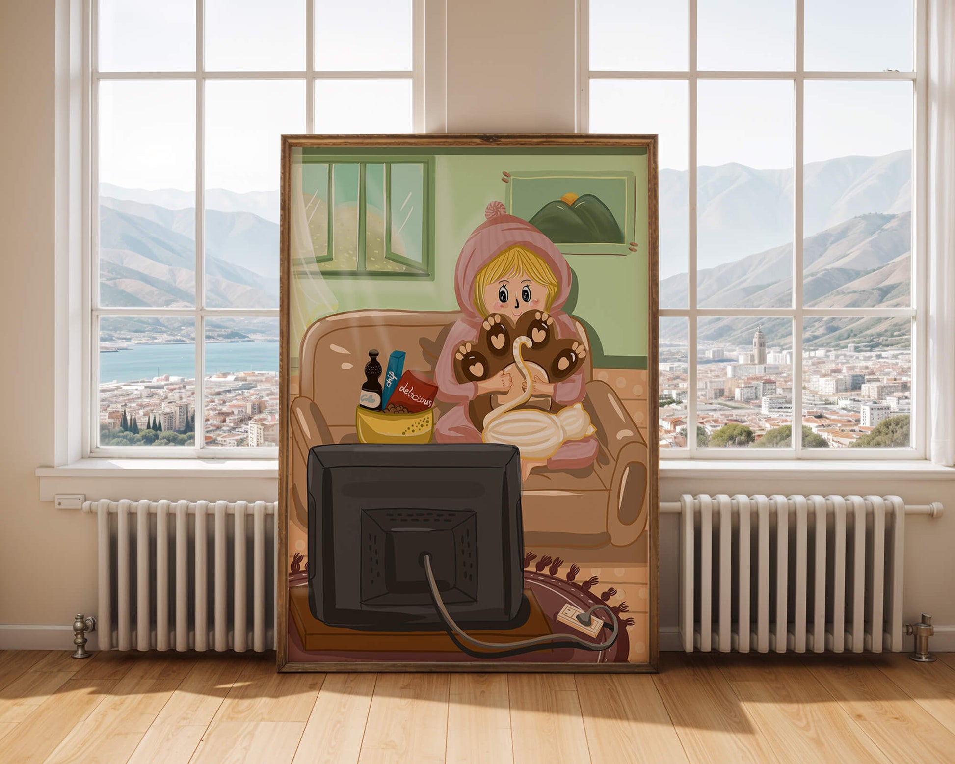 Cozy cartoon scene: person with cat and snacks on a sofa
