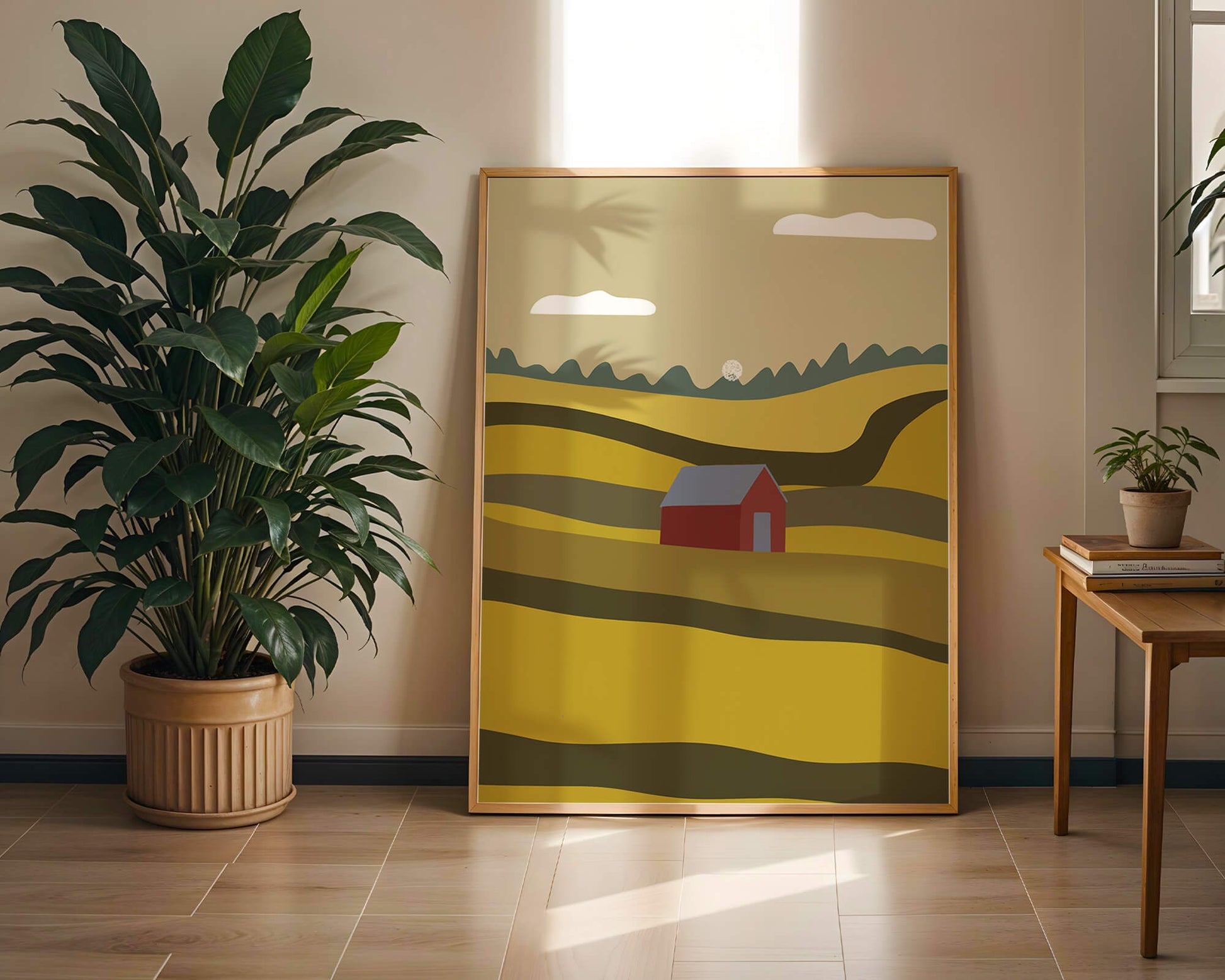 Paisaje con granero rojo entre colinas onduladas bajo un cielo azul