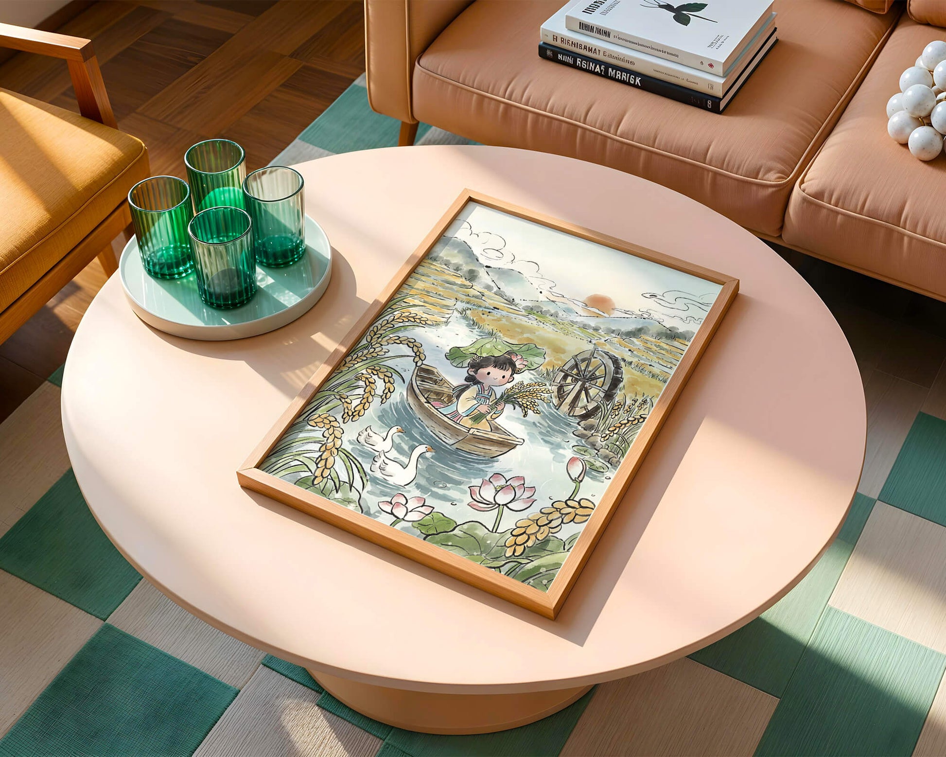 Niña en un bote con campos de arroz y atardecer de fondo