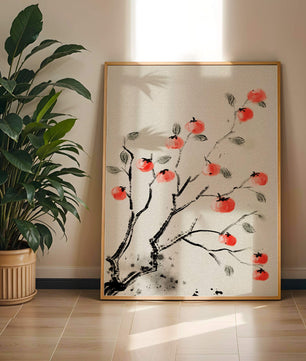 Elegant botanical illustration with vibrant red fruit on branches