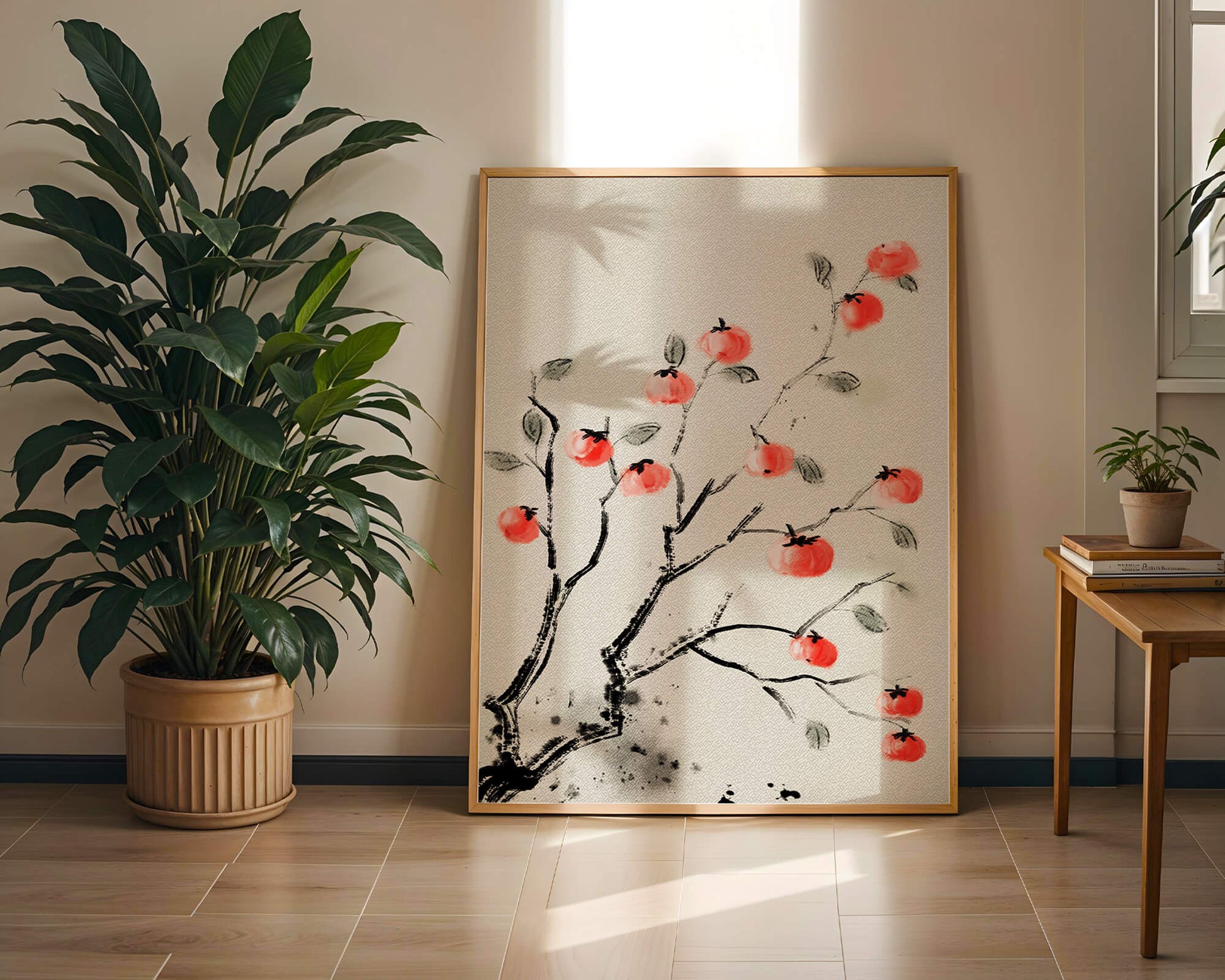 Elegant botanical illustration with vibrant red fruit on branches