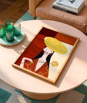 Elegant Woman with a Gold Hat and a Flower on a Red Background - Mi tienda