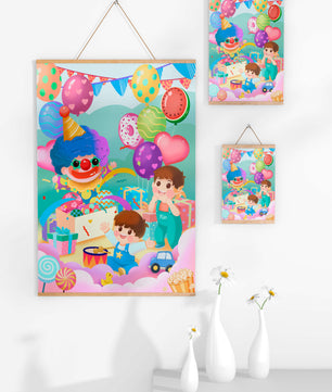 Colorful clown-themed children's party with balloons and toys