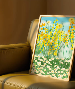Frühlingwiese mit blühenden gelben und weißen Blumen