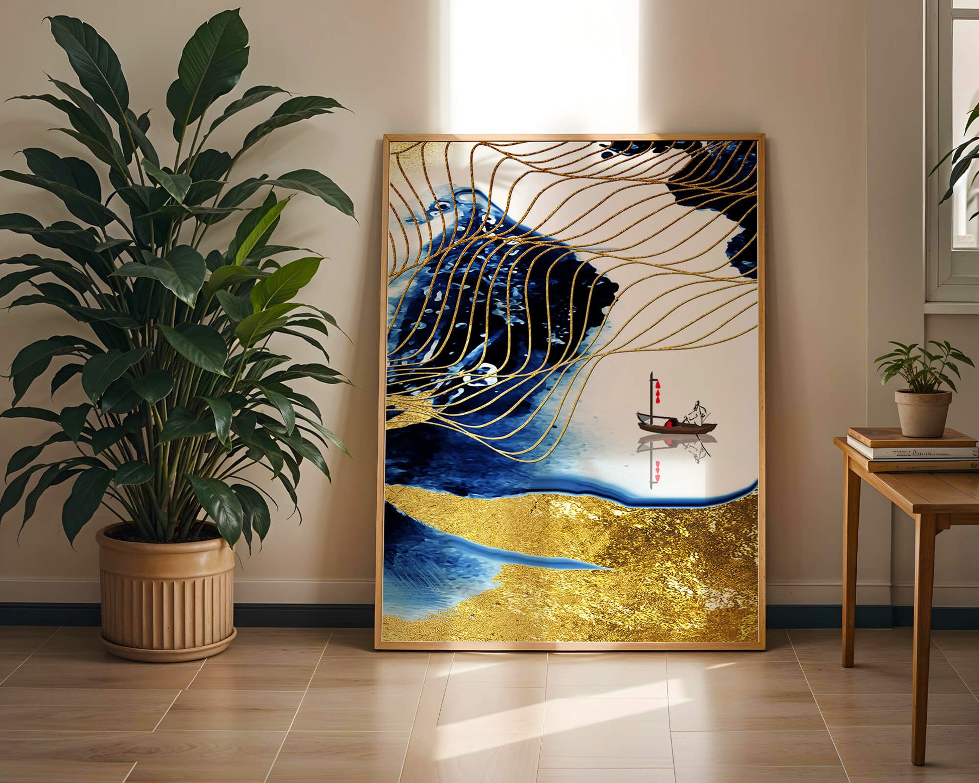 Paisaje abstracto con olas doradas y un barco solitario sobre fondo azul y blanco.