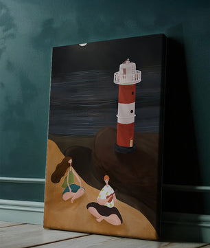 Peaceful Beach Scene with Lighthouse at Night
