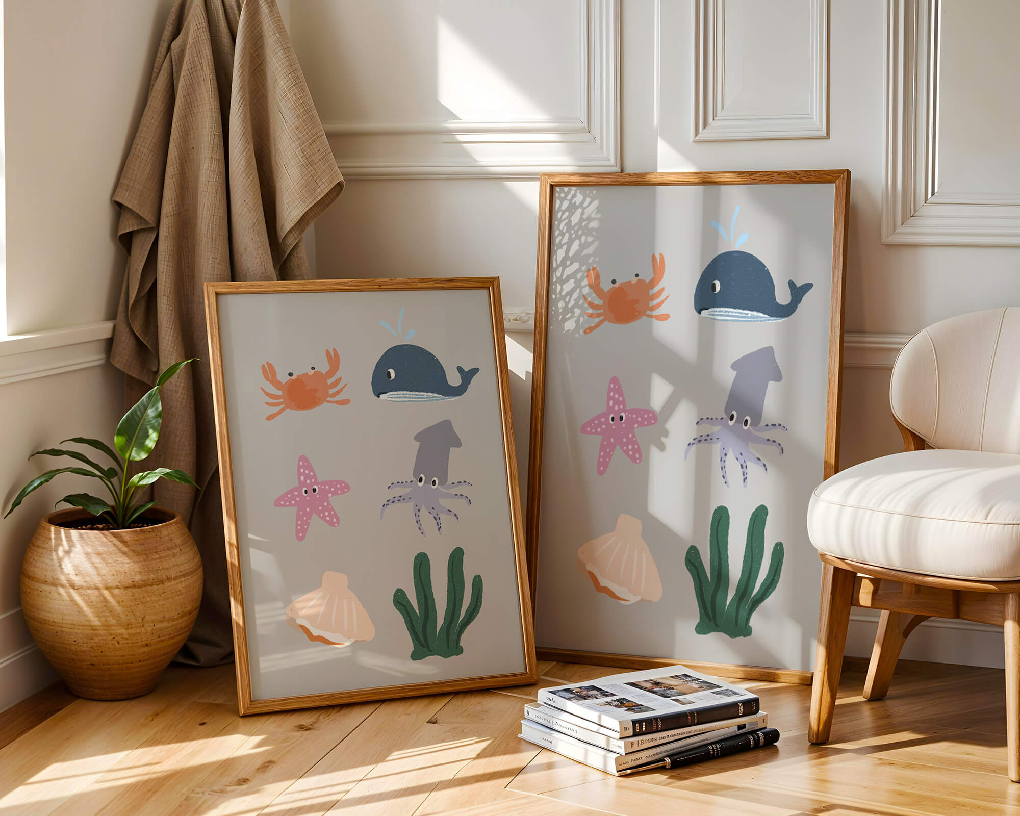 Illustration of whimsical sea creatures and marine elements on a grey background