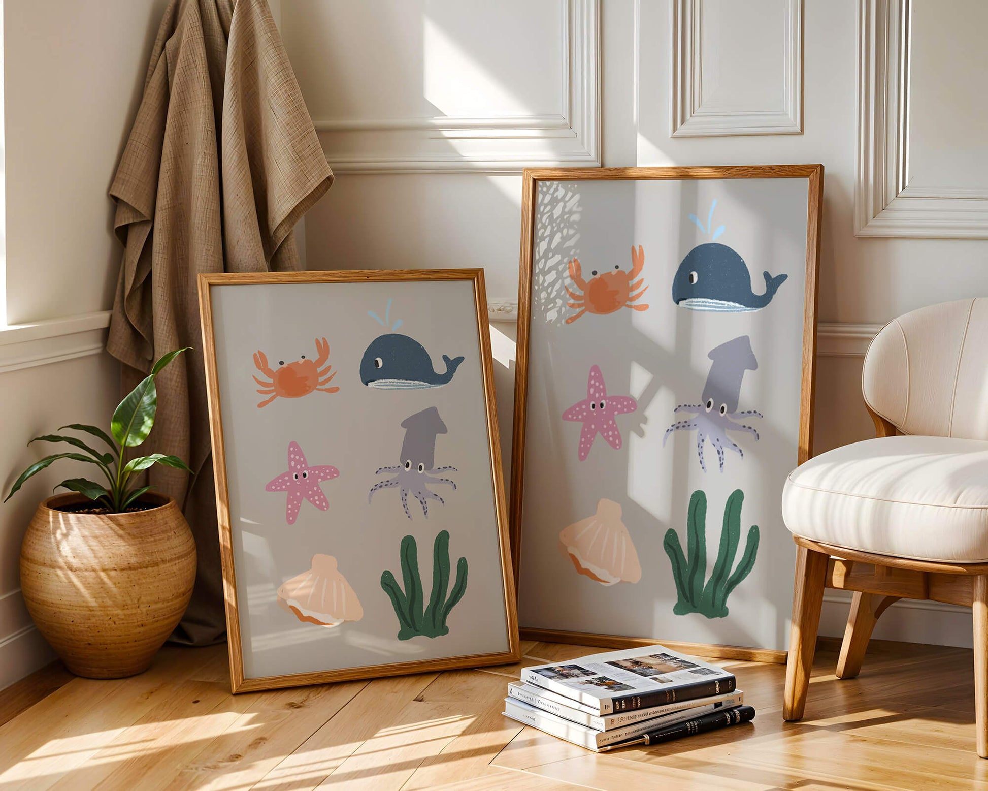 Illustration of whimsical sea creatures and marine elements on a grey background