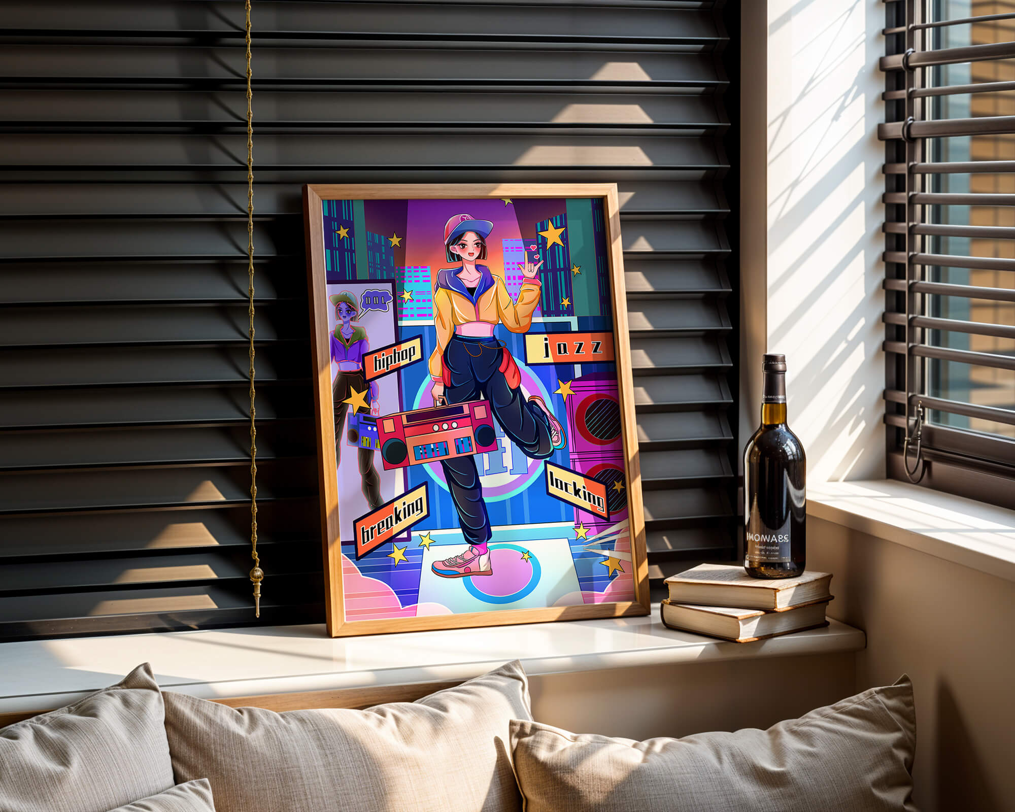 Colorful urban dance scene with hip hop and jazz elements