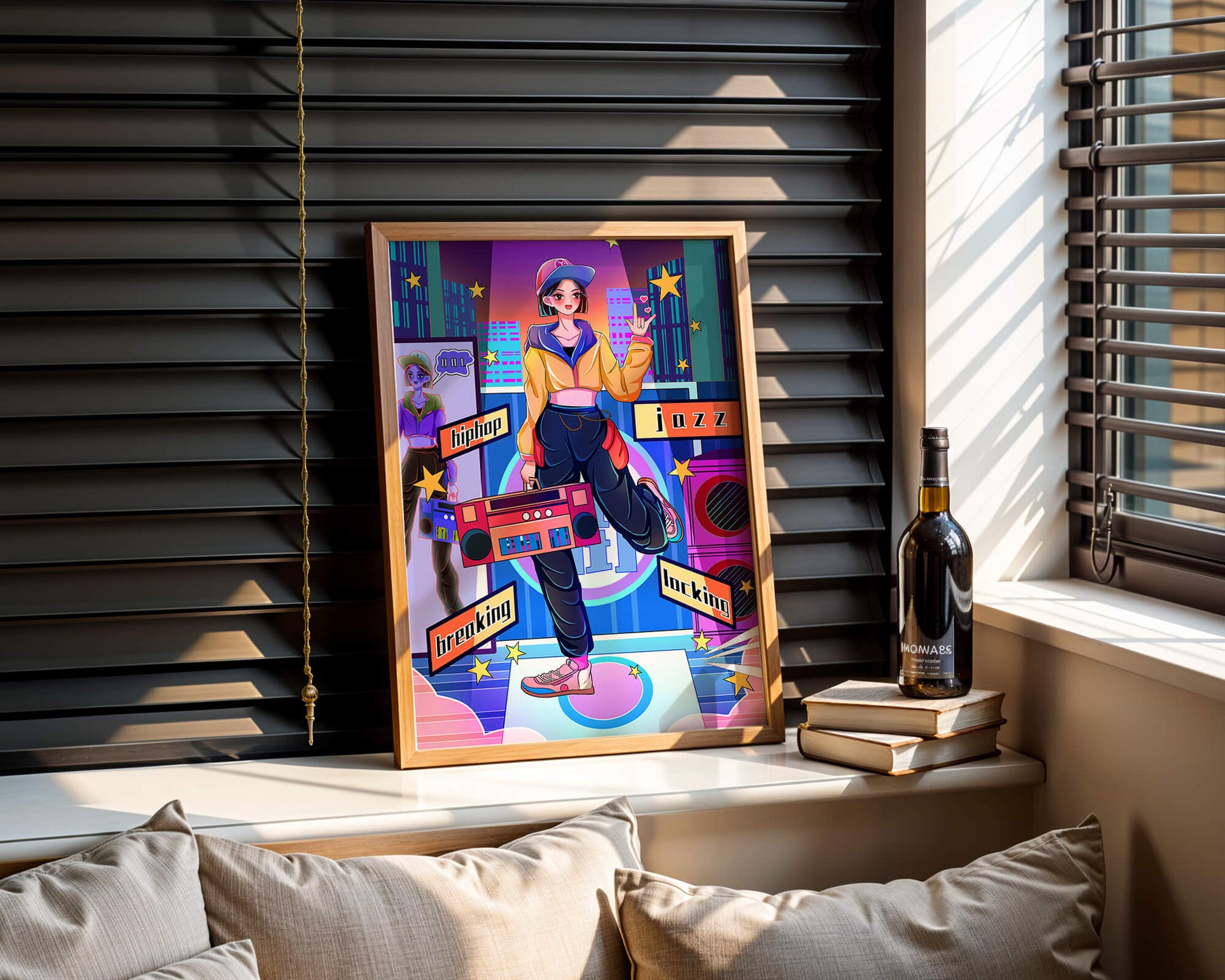 Colorful urban dance scene with hip hop and jazz elements