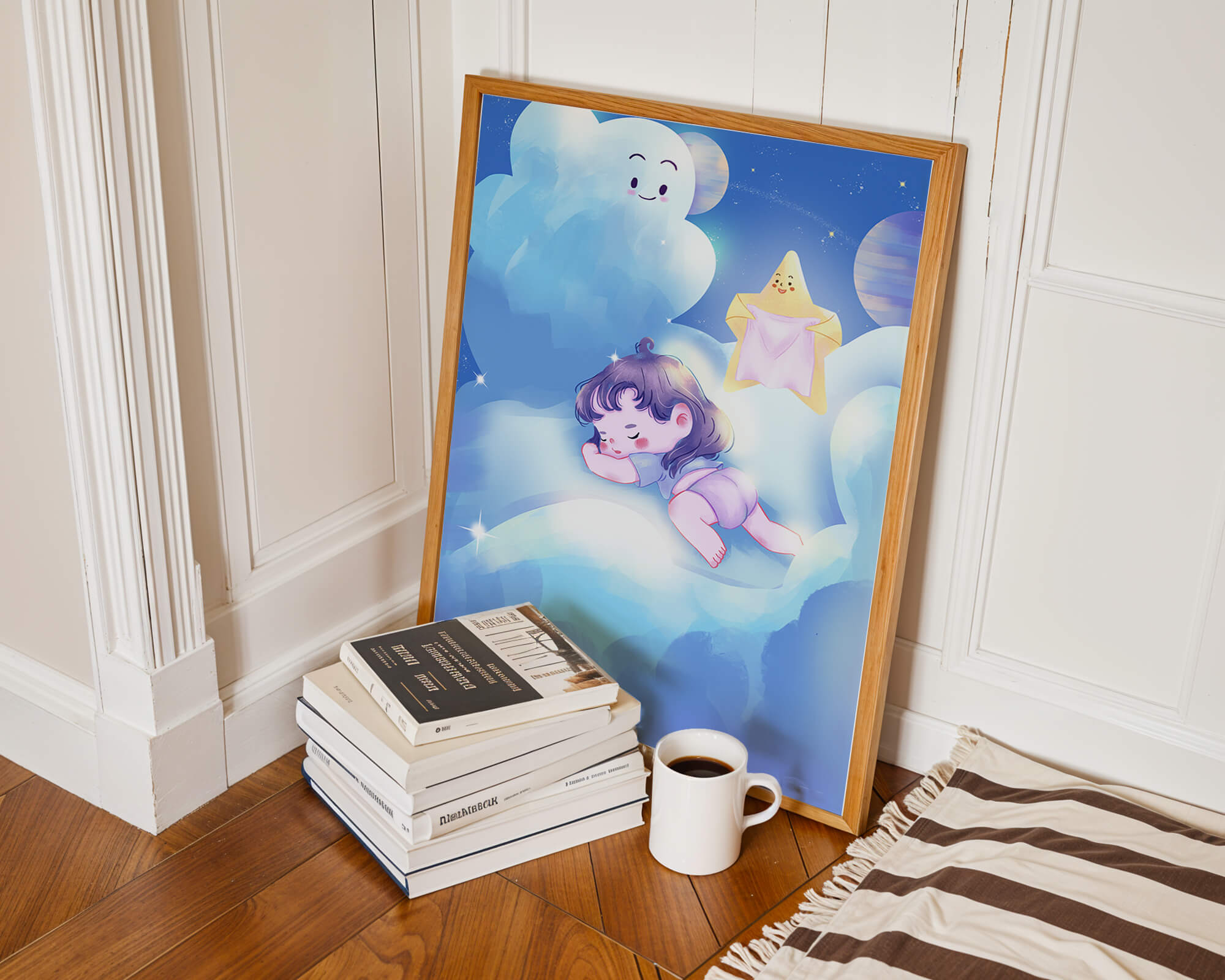 Dreamy illustration of sleeping child on clouds with smiling cloud and star