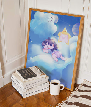 Dreamy illustration of sleeping child on clouds with smiling cloud and star