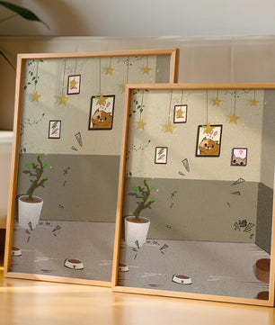 Habitación acogedora con decoraciones de estrellas y obra de arte de gatos