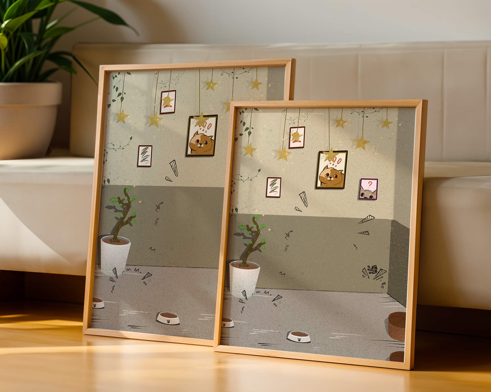 Cozy Room with Star Decorations and Cat Artwork