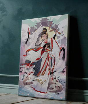 Elegant Asian Artistry with a Crane and Traditional Attire