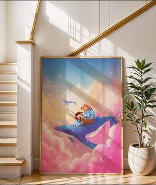 Fantasy illustration of girl and bear riding a whale through colorful clouds
