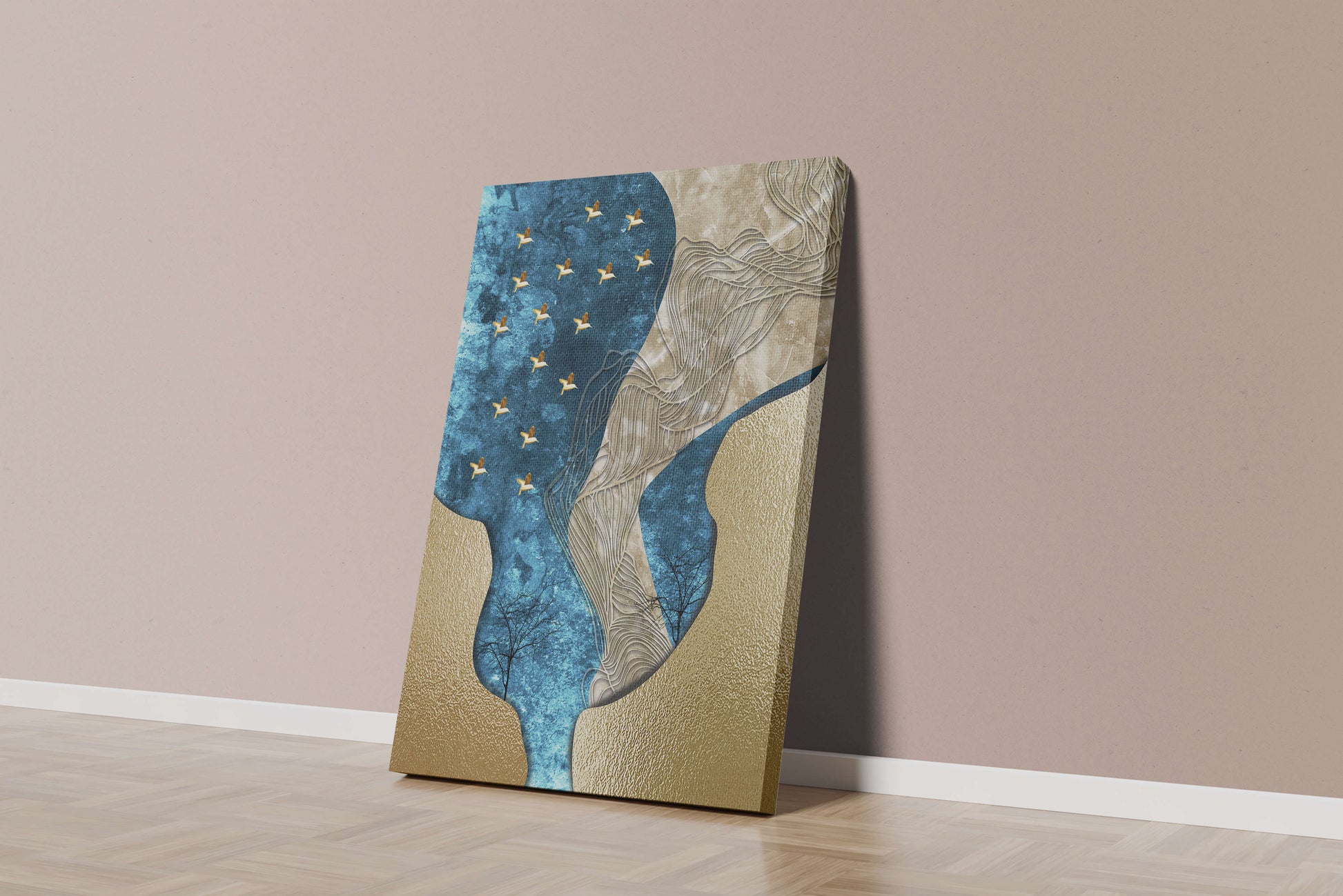 Abstract Textured Landscape with Gold and Blue Elements