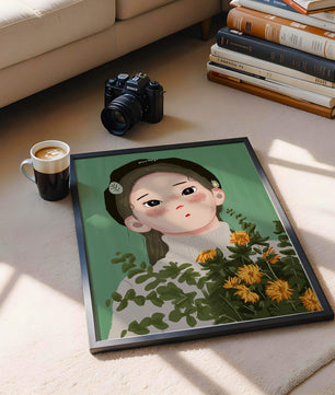 Illustration of a girl with flowers and a beret on a green background
