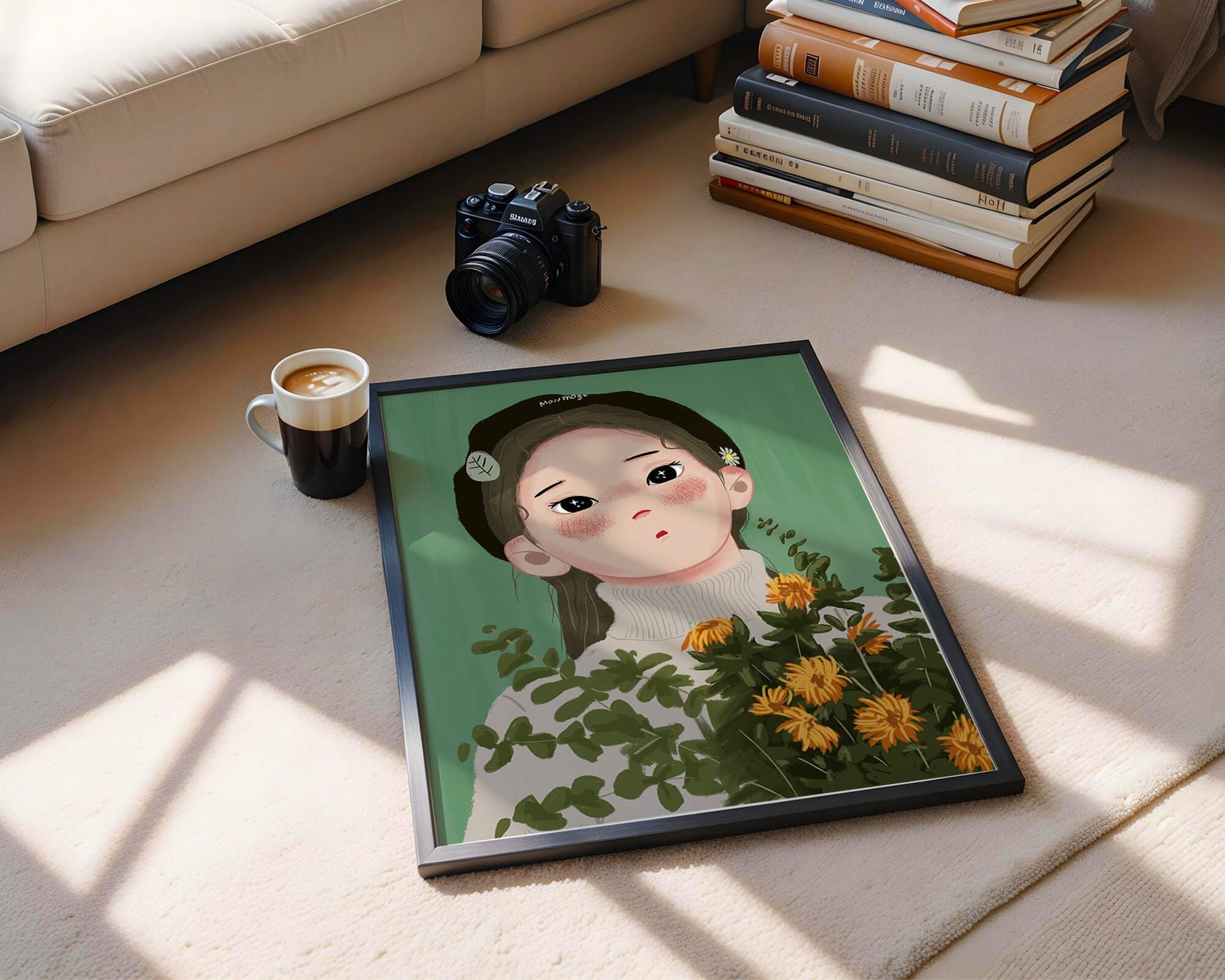 Illustration of a girl with flowers and a beret on a green background