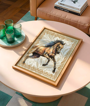 Elegant horse illustration with ornate golden frame