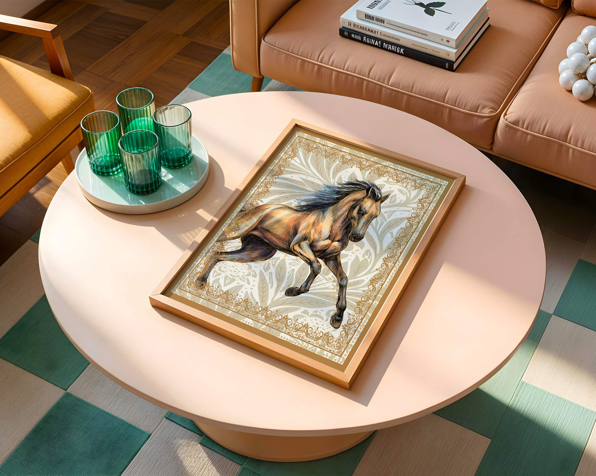Elegant horse illustration with ornate golden frame