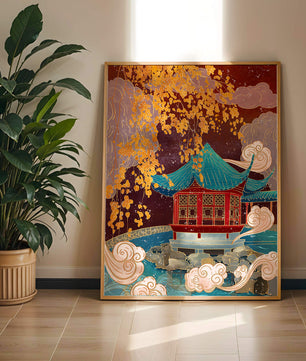 Traditional Chinese Pavilion with Gold Leaves and Clouds