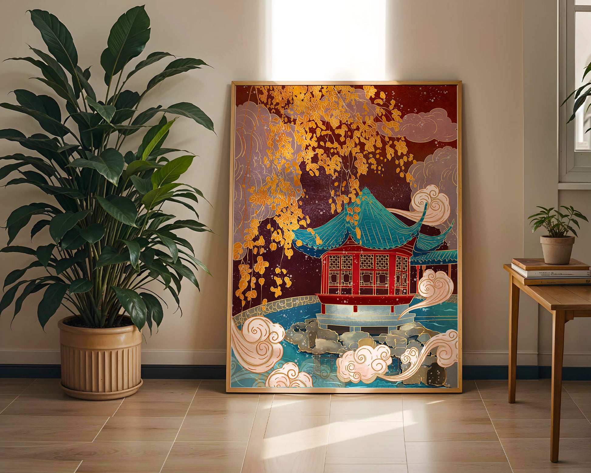 Pabellón chino tradicional con hojas doradas y nubes