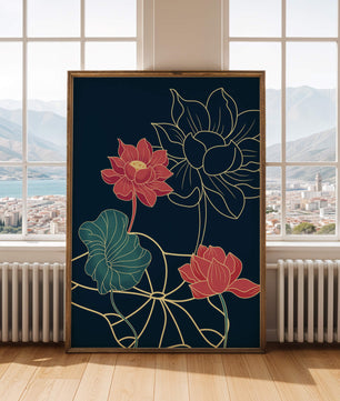 Vibrant Lotus Flowers on Dark Background with Gold Outline