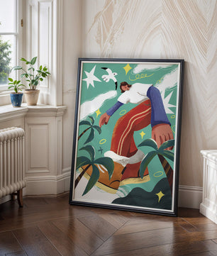 Colorful Abstract Surreal Landscape with Giant Figure and Nature Elements