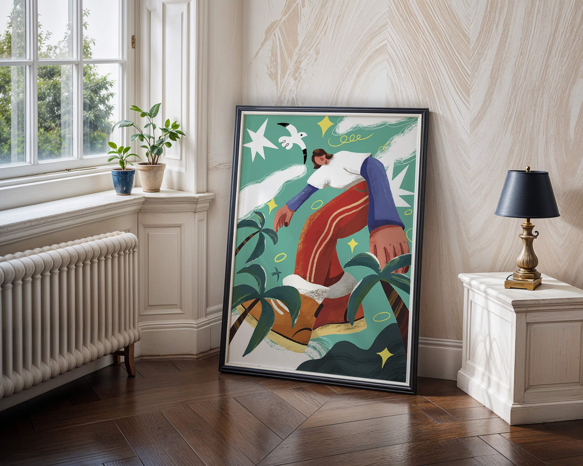 Colorful Abstract Surreal Landscape with Giant Figure and Nature Elements