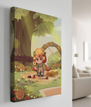 Charming anime-style scene with young girl, flowers, and nature background
