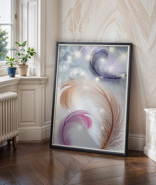 Elegant abstract feather design with sparkles and soft colors