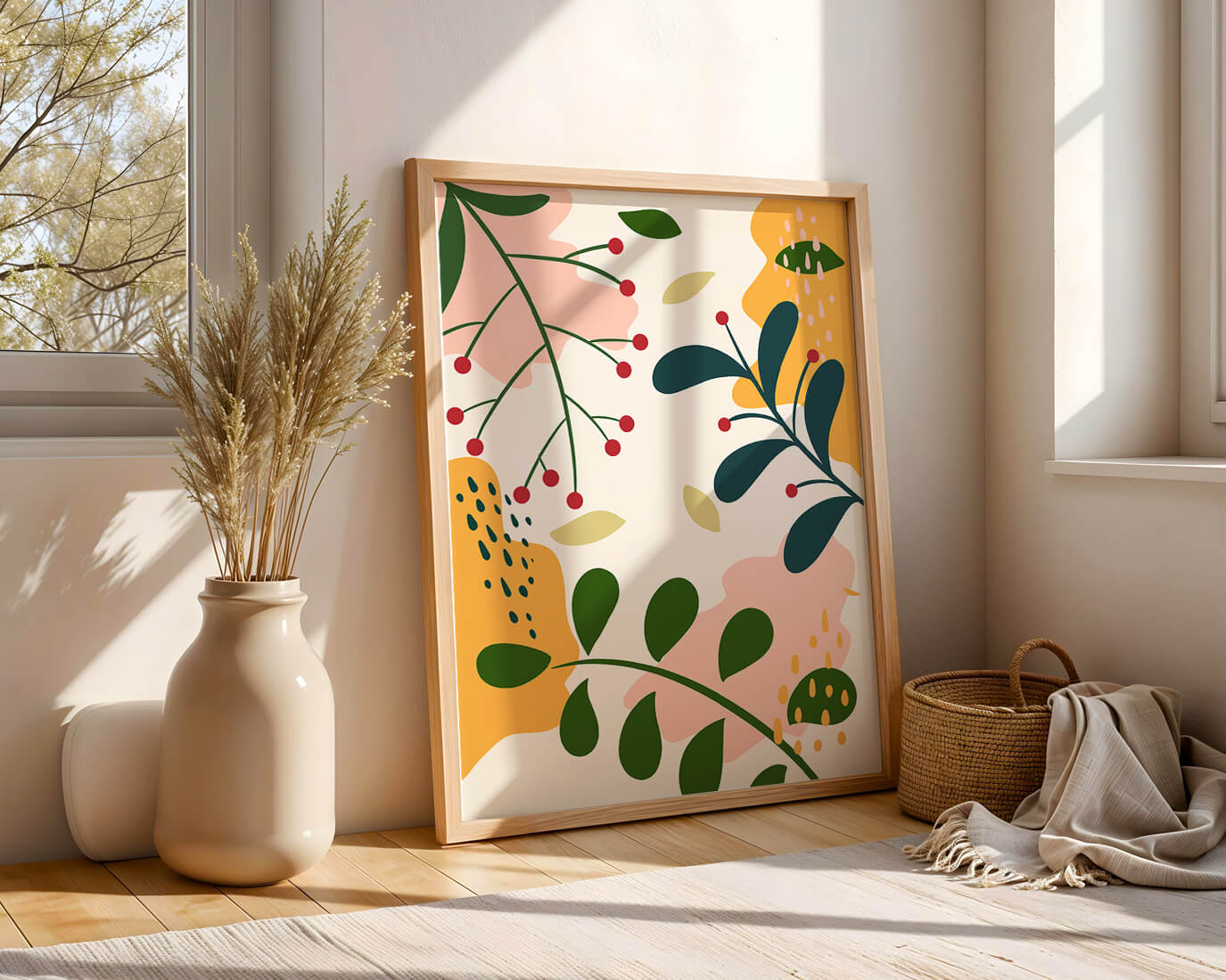 Abstract Floral Pattern with Bold Colors and Geometric Shapes