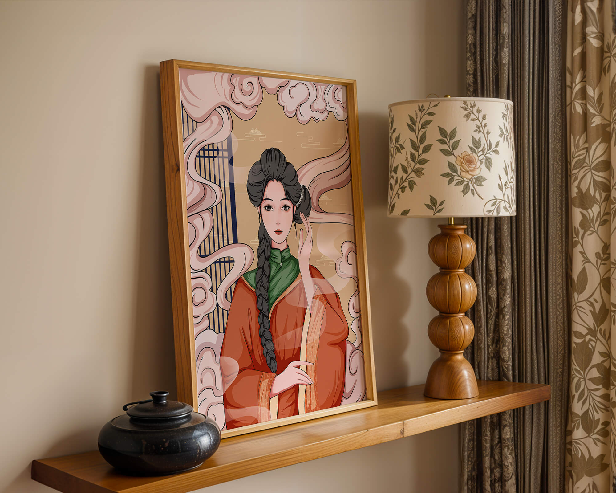 Elegant depiction of a woman in traditional attire with swirling clouds