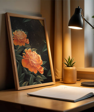 Fantasía floral elegante con flores naranjas vibrantes y un brillo dorado
