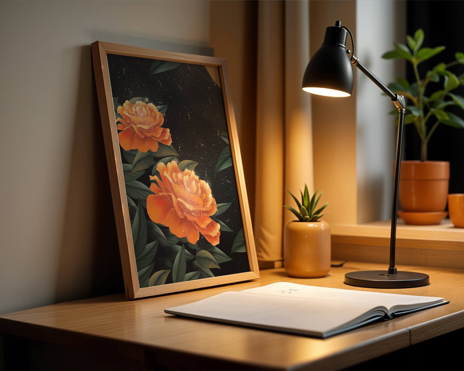 Fantasía floral elegante con flores naranjas vibrantes y un brillo dorado