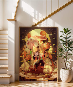 Fantasy scene with rabbit and character amid fireworks and lanterns