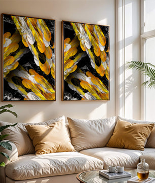 Abstract Composition with Yellow and White Feathers on a Black Background - Mi tienda
