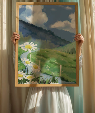 Meadow with Daisies Under Bright Blue Sky