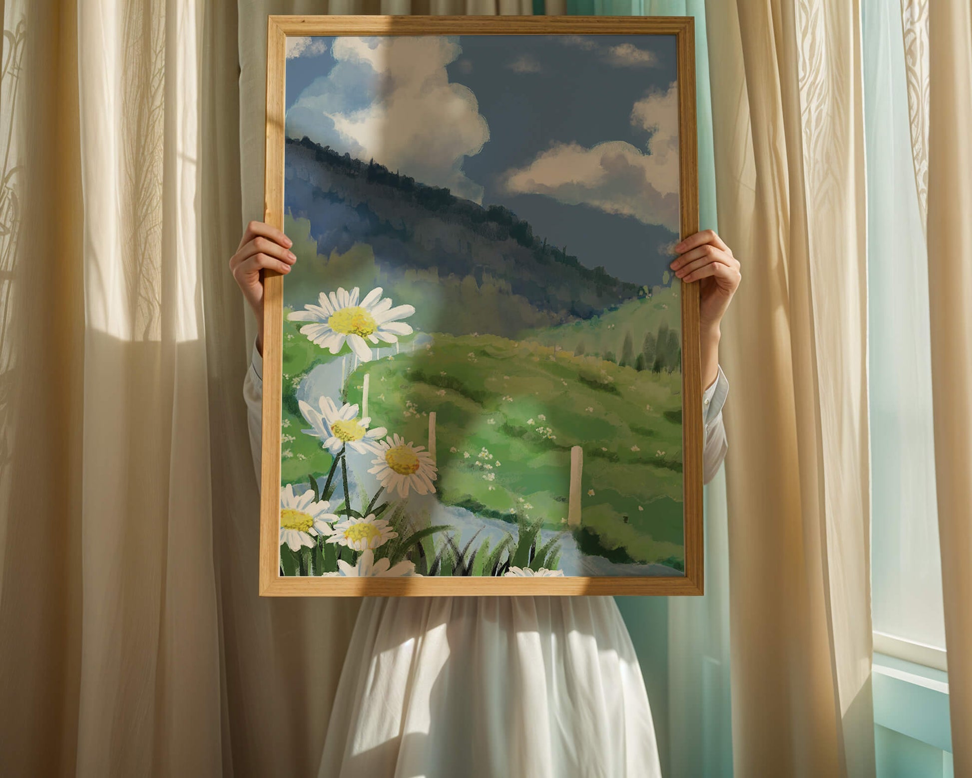 Meadow with Daisies Under Bright Blue Sky