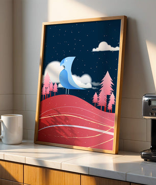 Colorful Night Scene with Blue Bird Under Starry Sky - Mi tienda